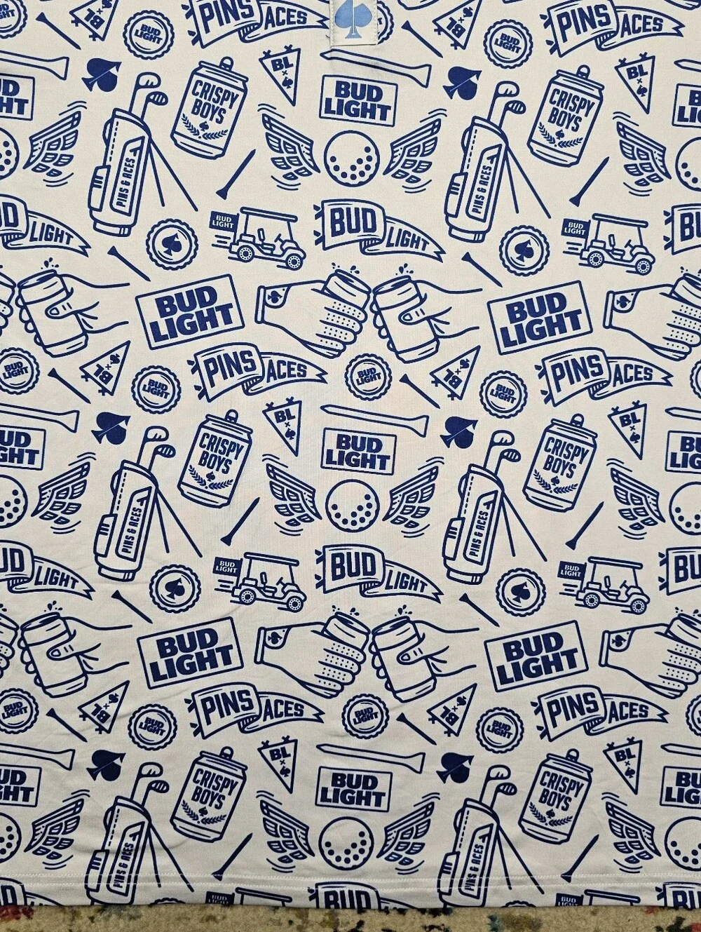 Pins & Aces Bud Light Crispy Boys Golf Polo Mens Large White Blue All Over Print